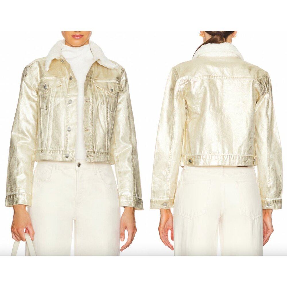 $495 Simkhai Gold White Metallic Coperland Fleece Jean Jacket size XS